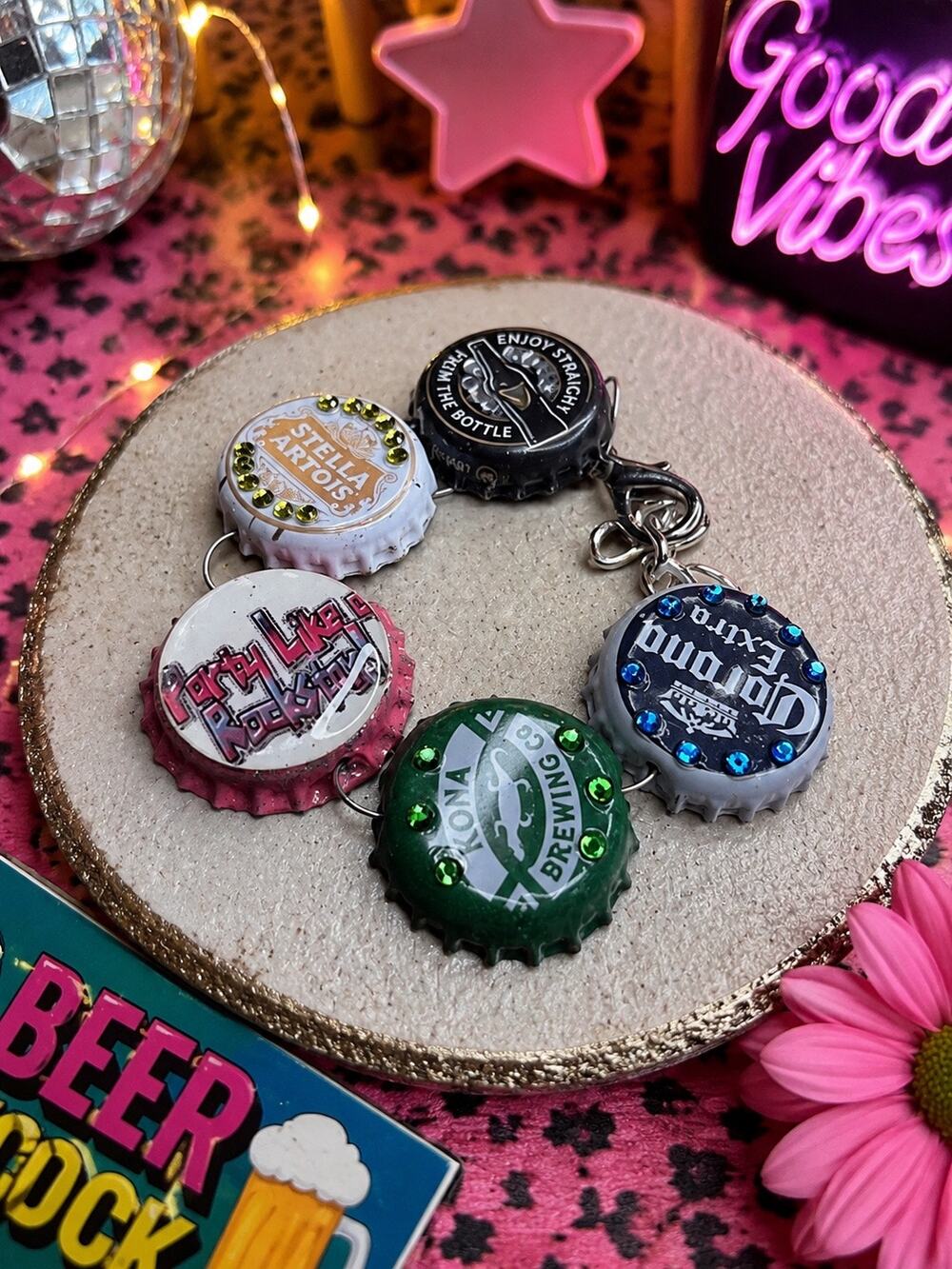 Handmade Beer Bottle Cap Charm Bracelet Mixed Beer Brands Rhinestone Adjustable